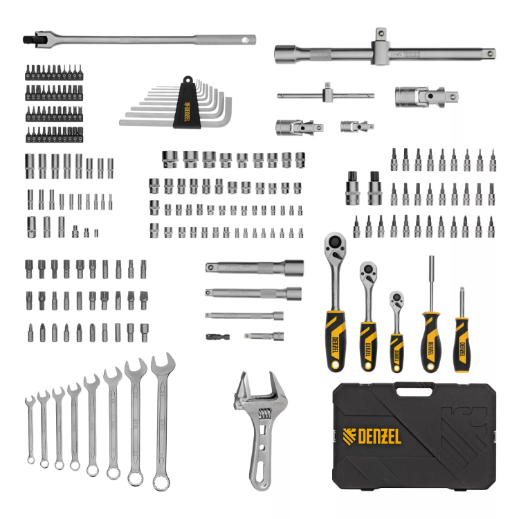 Набор инструментов Denzel 15807, 1/2", 1/4", 3/8", CrV, S2, пластиковый кейс, 216 предметов купить в Муравленко