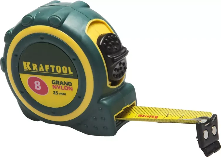 Рулетка KRAFTOOL "GRAND", двухкомпонентный корпус, двусторонняя шкала, нейлоновое покрытие, 8мх25мм 3412-08_z01 купить в Муравленко