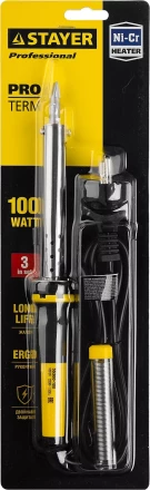 Паяльник PROTerm с двухкомпонентной рукояткой, в комплекте с припоем и подставкой, жало - клин, STAYER Professional 55300-100, 100 Вт 55300-100 купить в Муравленко