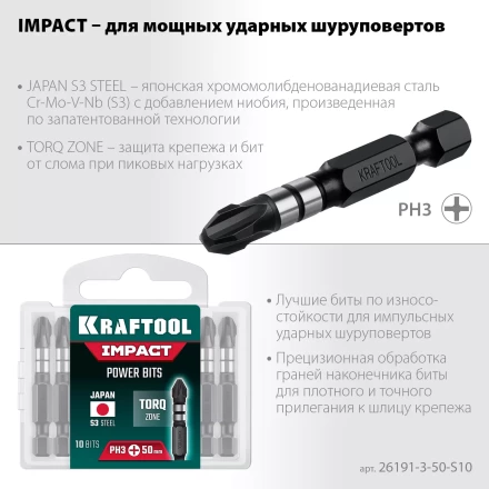 Биты для ударных шуруповертов KRAFTOOL Impact Pro PH 26191-3-50-S10 купить в Муравленко