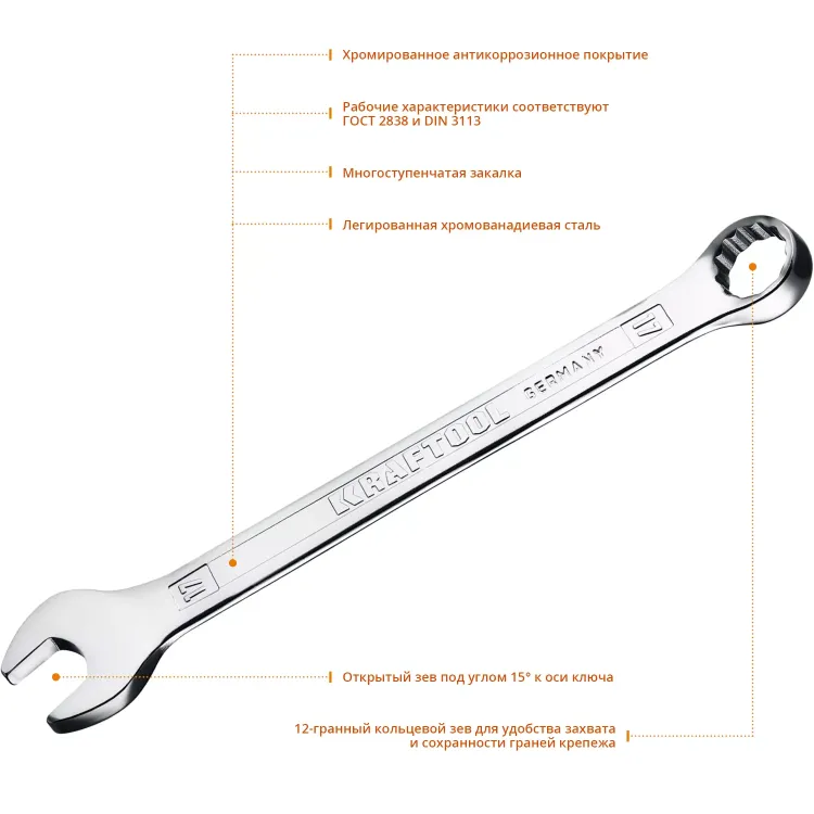 Ключи комбинированные KRAFTOOL, Cr-V, DIN 3113 27079-17 купить в Муравленко