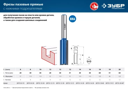 ЗУБР 10 x 30 мм, хвостовик 8 мм, фреза пазовая прямая с нижними подрезателями, Профессионал (28755-10-30) купить в Муравленко