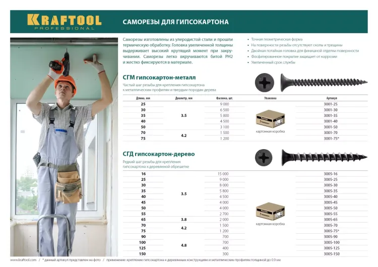 Саморезы СГМ гипсокартон-металл, 50 х 3.5 мм, 3 100 шт, фосфатированные, KRAFTOOL 3001-50 купить в Муравленко