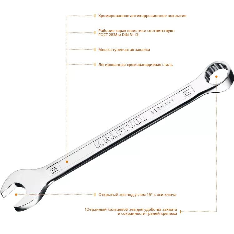 Ключи комбинированные KRAFTOOL, Cr-V, DIN 3113 27079-19 купить в Муравленко