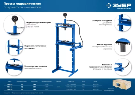 ЗУБР ПГН-10, 10 т, гидравлический пресс с гидронасосом и манометром, Профессионал (43072-10) купить в Муравленко