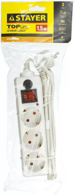 Сетевой фильтр STAYER "STANDARD" электрический, 3 гнезда, макс. мощн. 2200 Вт, 1.5м 55065-1.5 купить в Муравленко