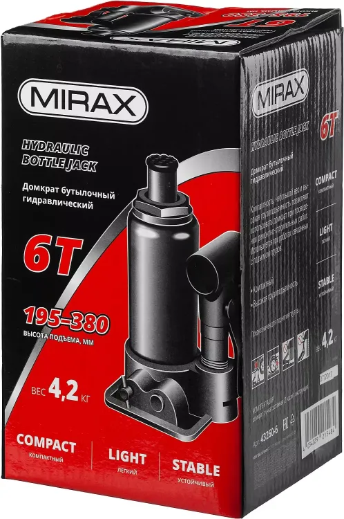 Домкрат гидравлический бутылочный, 6т, 195-380 мм, MIRAX 43260-6 43260-6 купить в Муравленко