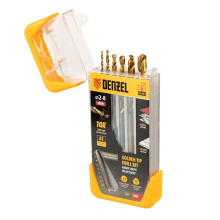 Набор сверл по металлу, 2-3-4-5-6-8 мм, HSS-Tin, Golden Tip, 6 шт Denzel 72300 купить в Муравленко