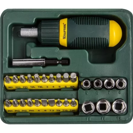 Набор KRAFTOOL Отвертка реверсивная с битами и торцовыми головками, 29 предметов 25556-H29 купить в Муравленко