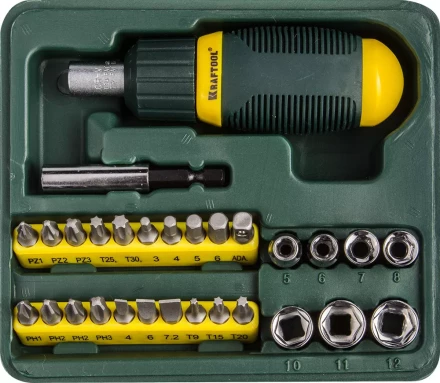 Набор KRAFTOOL Отвертка реверсивная с битами и торцовыми головками, 29 предметов 25556-H29 купить в Муравленко