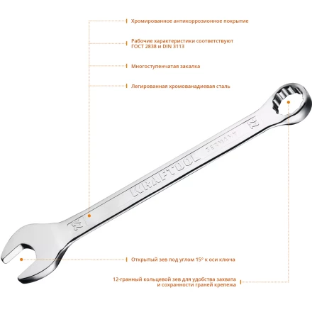 Ключи комбинированные KRAFTOOL, Cr-V, DIN 3113 27079-22 купить в Муравленко