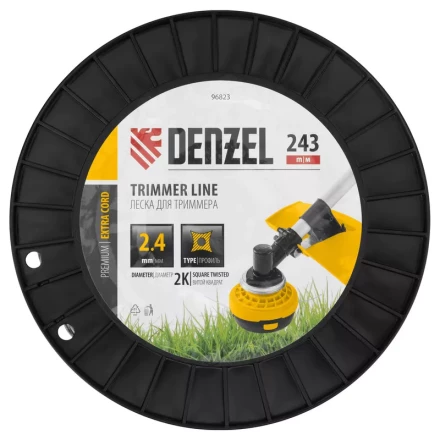 Леска для триммера двухкомпонентная витой квадрат, 2,4мм х 243м, на DIN катушке EXTRA CORD// Denzel 96823 купить в Муравленко