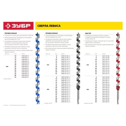 ЗУБР &quot;МАСТЕР&quot;. Сверло по дереву, спираль Левиса, HEX хвостовик, 6х235мм 2947-235-06 купить в Муравленко