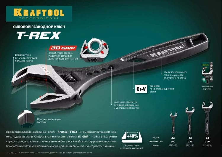 Ключ разводной силовой KRAFTOOL T-REX 27254-20 купить в Муравленко
