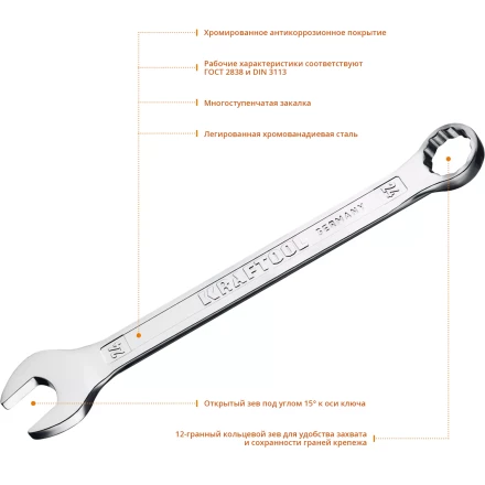 Ключи комбинированные KRAFTOOL, Cr-V, DIN 3113 27079-24 купить в Муравленко