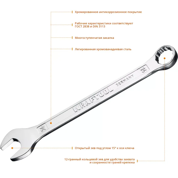 Ключи комбинированные KRAFTOOL, Cr-V, DIN 3113 27079-24 купить в Муравленко