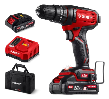 ЗУБР 20 В, 40 Нм, 2 АКБ LMS (2 Ач), ударная дрель-шуруповерт, сумка (ДШУ-40-22) купить в Муравленко