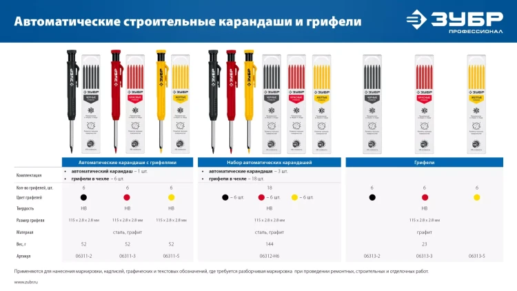ЗУБР АСК набор: 18 сменных грифелей: 6ч + 6ж + 6к ( d 2,8 мм, HB), 3 автоматических карандаша (06312-H6) купить в Муравленко