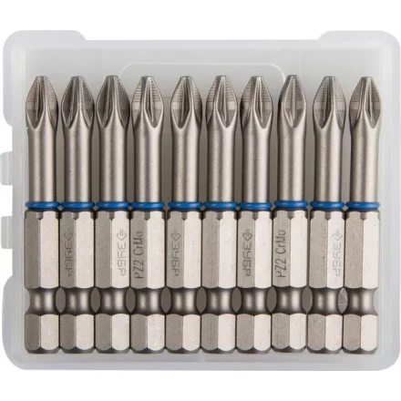 Биты ЗУБР &quot;ЭКСПЕРТ&quot; торсионные кованые, обточенные, хромомолибденовая сталь, тип хвостовика E 1/4&quot;, PZ2, 50мм, 10шт 26013-2-50-10 купить в Муравленко