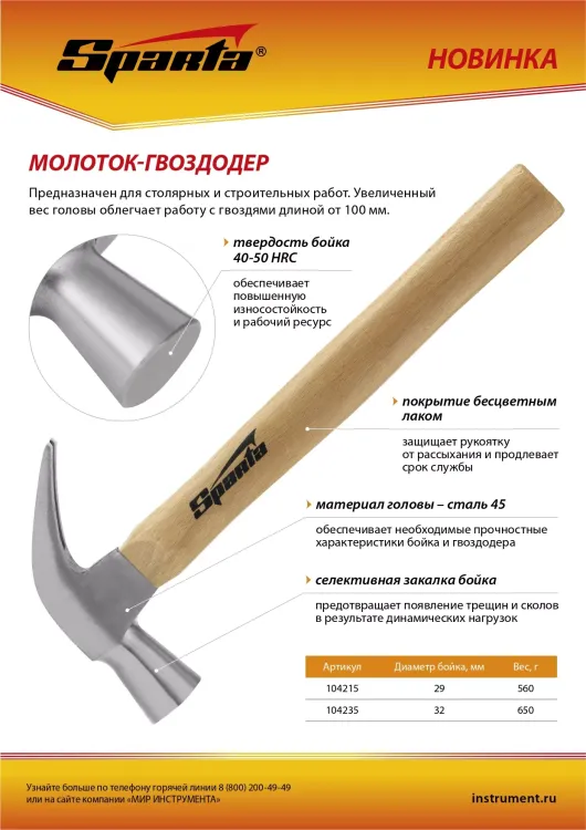 Молоток-гвоздодер, 650 г Sparta, боек 32 мм, деревянная рукоятка, 104235 купить в Муравленко