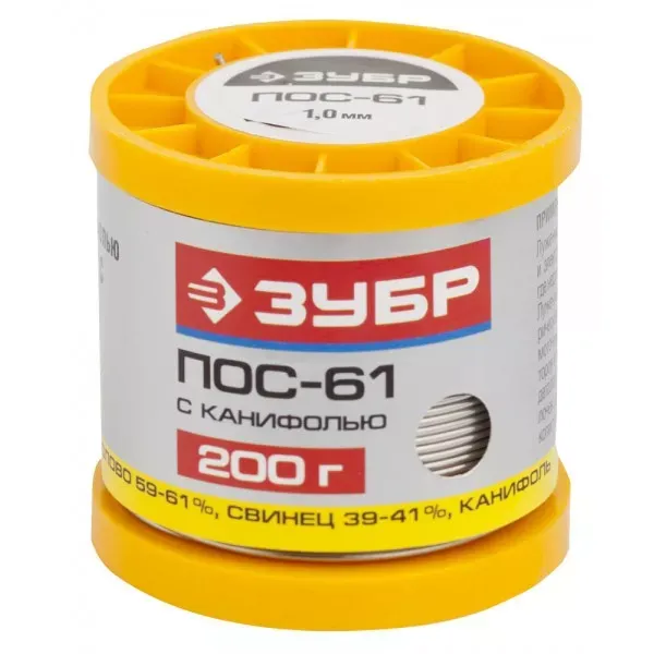 Припой ЗУБР, ПОС 61, трубка с канифолью, 200г, 1мм 55450-200-10C купить в Муравленко