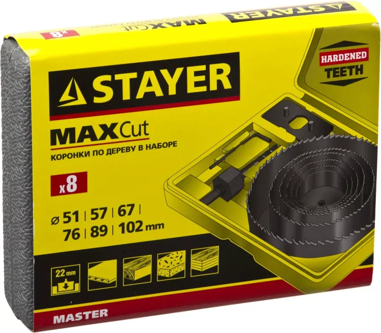 Набор кольцевых коронок по дереву STAYER "MASTER" Д51, 57, 67, 76, 88, 102мм. 8шт. 29600-H8 купить в Муравленко