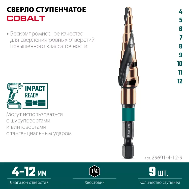 Ступенчатое сверло, сталь c кобальтом, спиральная проточка, НЕХ хвостовик 29691-4-12-9 купить в Муравленко