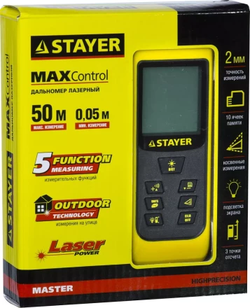 Дальномер STAYER &quot;MASTER&quot; MAX-Control лазерный, 2 точки отсчета, дальность 50м, точность 2мм 34957 купить в Муравленко