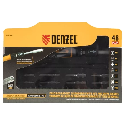 Отвертка с набором бит и торцевых головок для точных работ Denzel 7711599, гибкий привод, 48 шт, CrMo купить в Муравленко