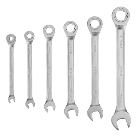 Набор ключей комбинированных трещоточных 6-17 мм, 6 шт., CrV, матовый хром// Denzel 14720 купить в Муравленко