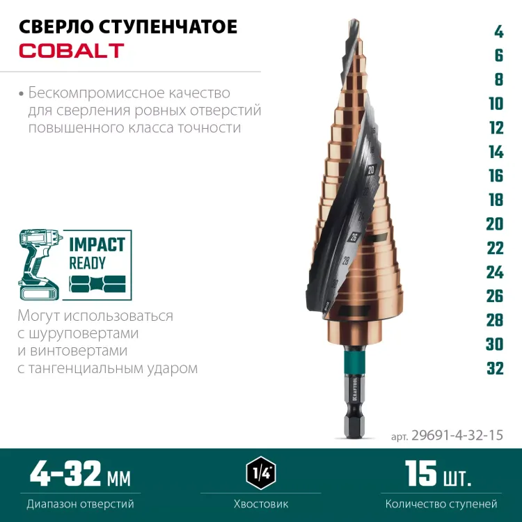 Ступенчатые сверла, сталь c кобальтом, спиральная проточка, НЕХ хвостовик 29691-4-32-15 купить в Муравленко