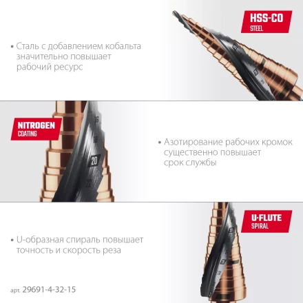 Ступенчатые сверла, сталь c кобальтом, спиральная проточка, НЕХ хвостовик 29691-4-32-15 купить в Муравленко