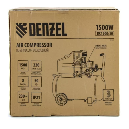 Компрессор воздушный, прямой привод DC1500/50, 1.5 кВт, 50 литров, 220 л/мин Denzel 58161 купить в Муравленко