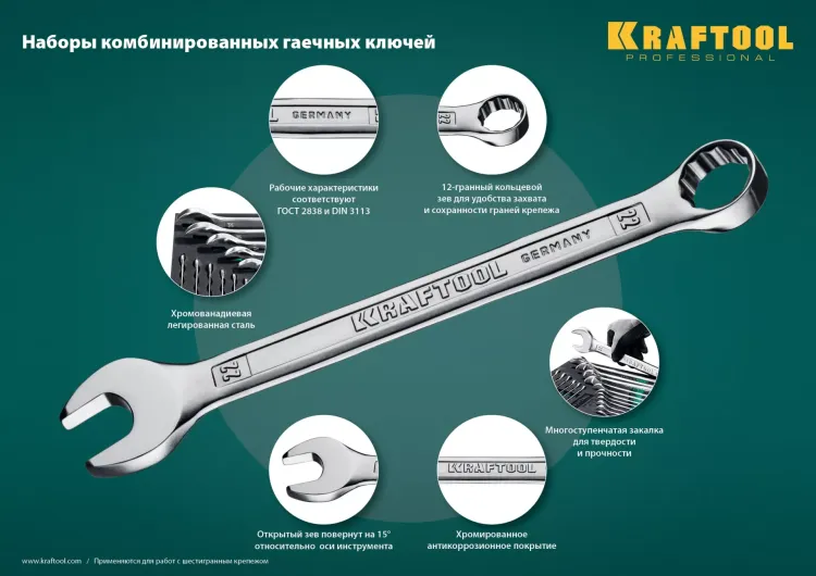 Наборы ключей комбинированных KRAFTOOL, Cr-V, DIN 3110, в EVA-ложементе 27079-H12E купить в Муравленко