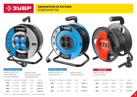 Удлинитель ЗУБР &quot;ПРОФЕССИОНАЛ&quot; на катушке, ПВС 3х1,5кв мм, 4 гнезда, макс мощн 3500Вт, 50м 55082-50 купить в Муравленко