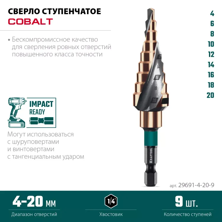 Ступенчатое сверло, сталь c кобальтом, спиральная проточка, НЕХ хвостовик 29691-4-20-9 купить в Муравленко