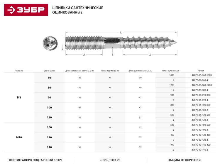 ЗУБР "МАСТЕР". Шпилька сантехническая, шестигранник, Torx 25, оцинкованная, М8x100мм, 800шт 37870-08-100-800 купить в Муравленко