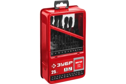 ЗУБР 25 шт, (1-13 мм), сталь Р4М2, класс В, мет.бокс, набор сверл по металлу (29605-H25) купить в Муравленко