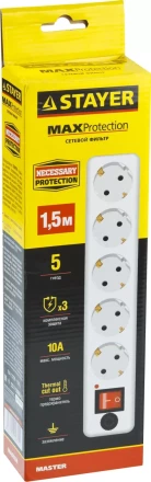 Сетевой фильтр STAYER &quot;MASTER&quot; электрический, 5 гнезд, макс. мощн. 2200 Вт, 1.5м 55066-1.5 купить в Муравленко