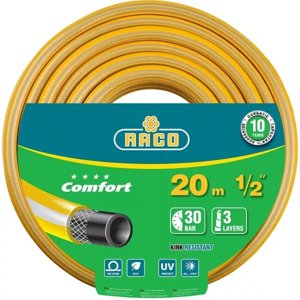 Шланг RACO "COMFORT" поливочный, 30атм., армированный, 3-х слойный, 1/2"х20м 40303-1/2-20 купить в Муравленко