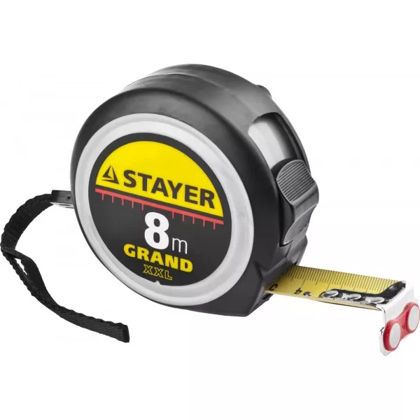 Рулетка STAYER GRAND, корпус с противоскользящим напылением, упрочненное полотно, 8м/25мм 552119 купить в Муравленко