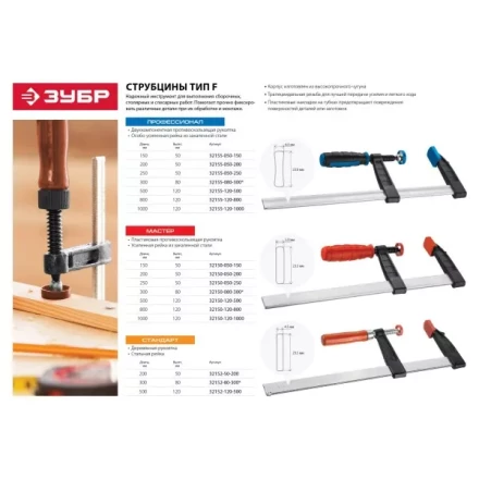 Струбцина ЗУБР &quot;МАСТЕР&quot;, тип &quot;F&quot;, пластмассовая ручка, стальная закаленная рейка, 50х200мм 32150-050-200 купить в Муравленко