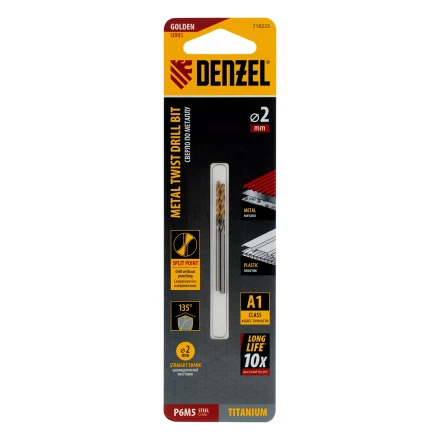 Сверло спиральное по металлу Denzel 2 x 49 мм, Р6М5, Golden Tip , 2шт., 718223 купить в Муравленко