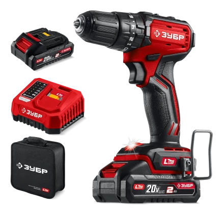 ЗУБР 20 В, 45 Нм, 2 АКБ LMS (2 Ач), бесщеточная ударная дрель-шуруповерт, сумка (ДБУ-45-22) купить в Муравленко