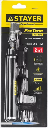 Газовая горелка STAYER &quot;PROFESSIONAL&quot;, 2в1, пьезоподжиг, регулировка пламени, 4 насадки, 1200С 55505-H6 купить в Муравленко