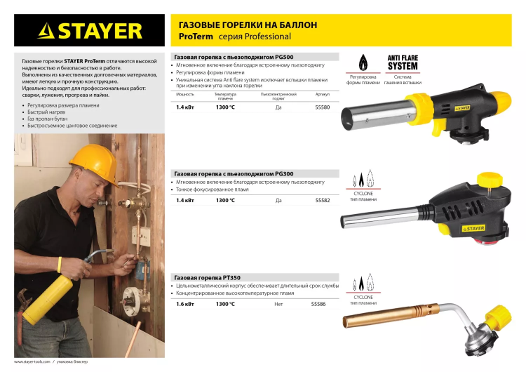 Газовая горелка "ProTerm" на баллон, STAYER "PROFESSIONAL" 55580, с пьезоподжигом, регулировка пламени, цанговое соединение, 1300С 55580 купить в Муравленко