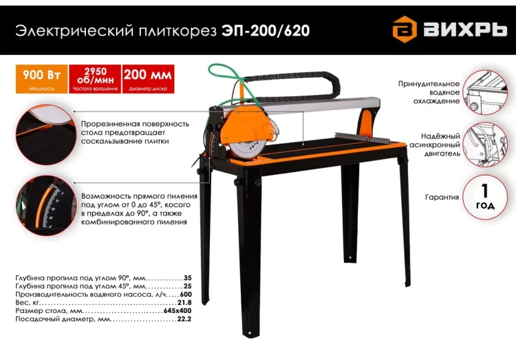 Электрический плиткорез с водяным охлаждением Вихрь ЭП-200/620 72/22/2 купить в Муравленко