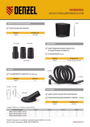 Шланг для пылесоса 4 м с адаптерами для Denzel RVC20, RVC30, LVC20, LVC30 28219 купить в Муравленко