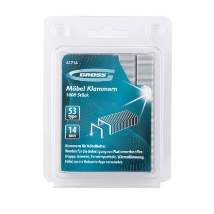 Скобы 14 мм для мебельного степлера усиленные тип 53 1000 шт GROSS 41714 купить в Муравленко