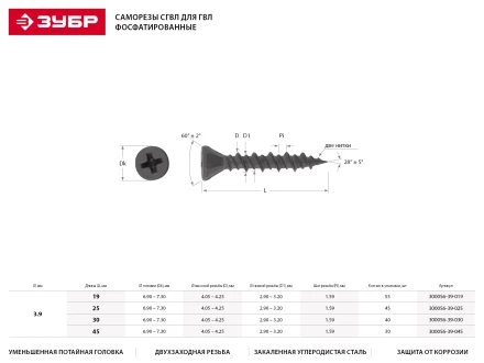 Саморезы ЗУБР &quot;МАСТЕР&quot; фосфатированные, для гипсоволоконных листов, двухзаходная резьба, 3.9x30мм, 40шт 300056-39-030 купить в Муравленко